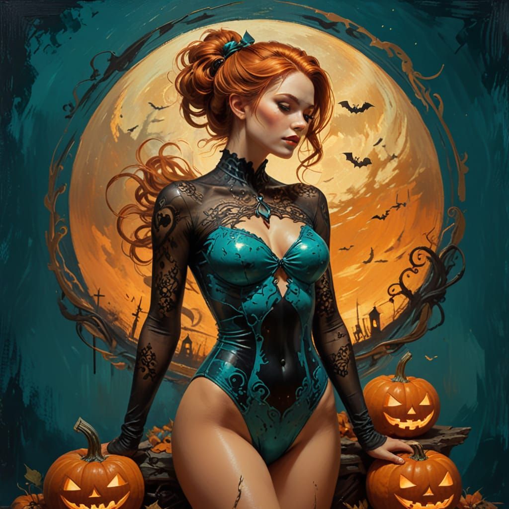 Playful Pinup Woman in Halloween Bodysuit Oil Painting