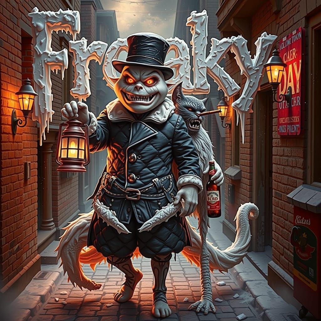 Text that says "FREAKY" in a giant, extra bold, extra heavy, double bold, ICE-DRIPPING font, made out of WHITE GLITTER S...