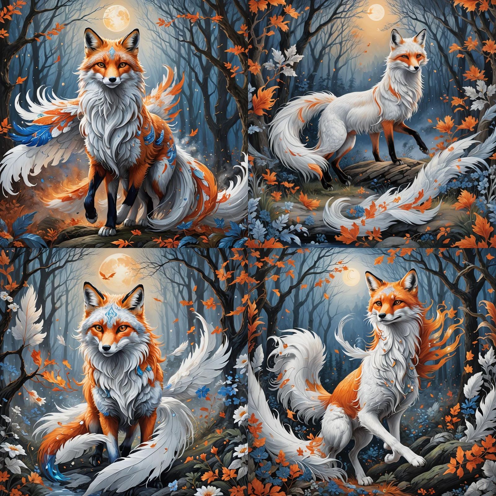 Silver Fox Running Through Moonlit Forest in Origami Style