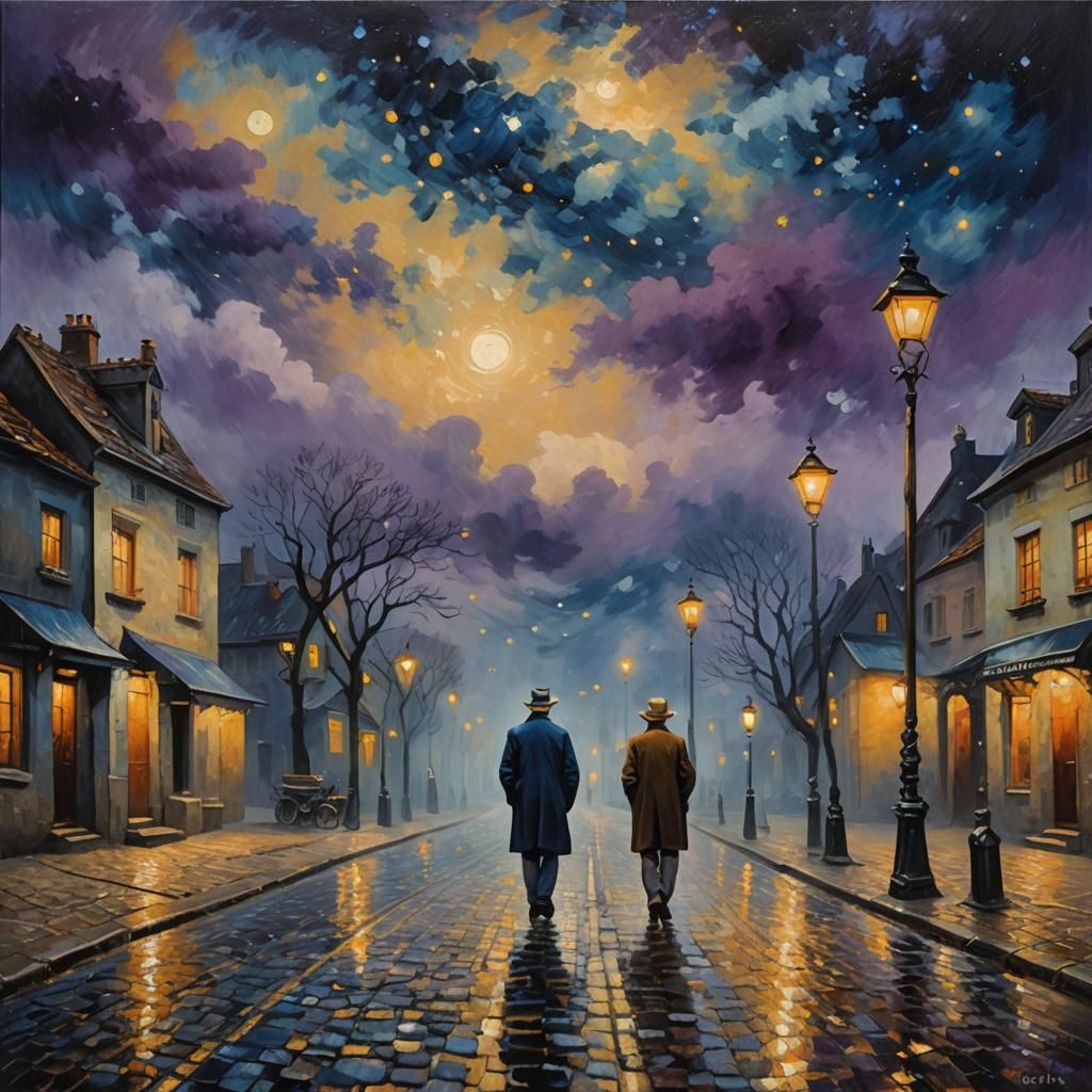 Misty Street at Night: An Impressionistic Oil Painting