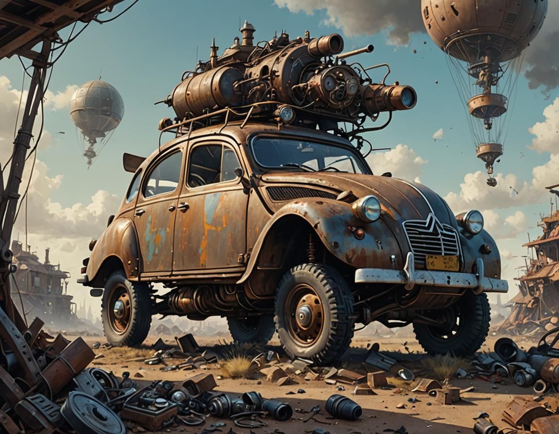 Flying Steampunk Citroen in Retrofuturistic Junk Universe