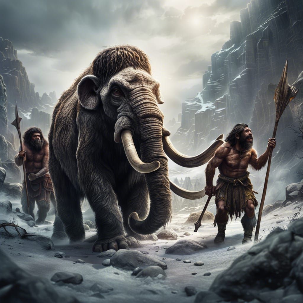 Cavemen Hunting Mammoth: Hyperrealistic 64 Megapixel Image