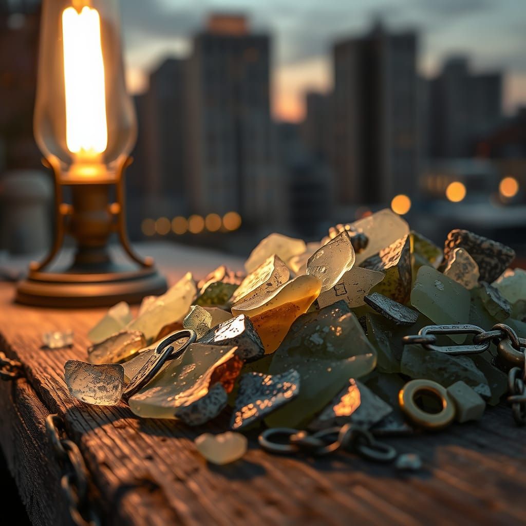 Weathered Sea Glass on Dusty Wood with Cityscape