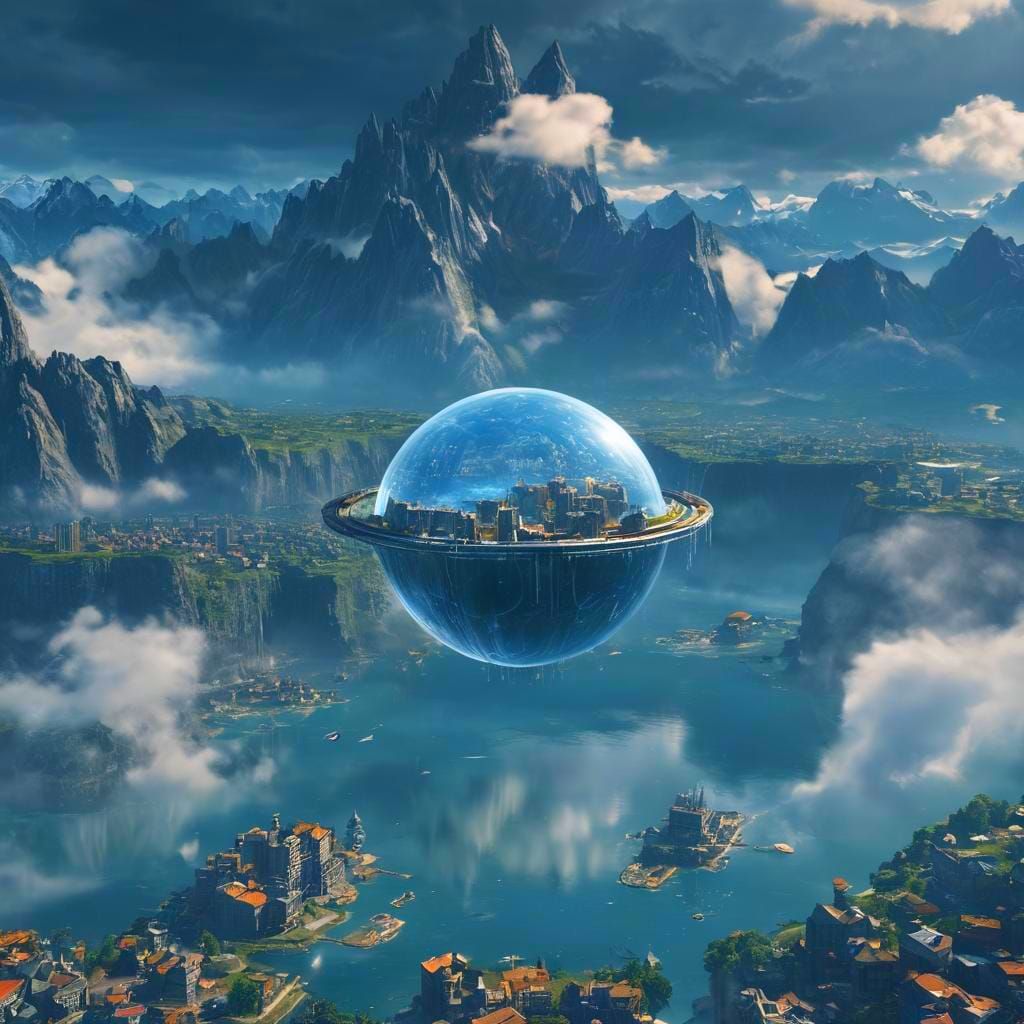 Flying Water Sphere City Above the Clouds