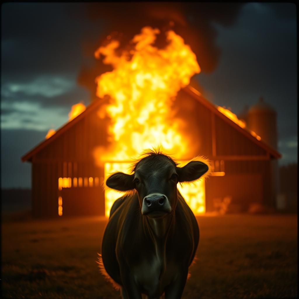 Ominous Barn Fire with Mischievous Cow