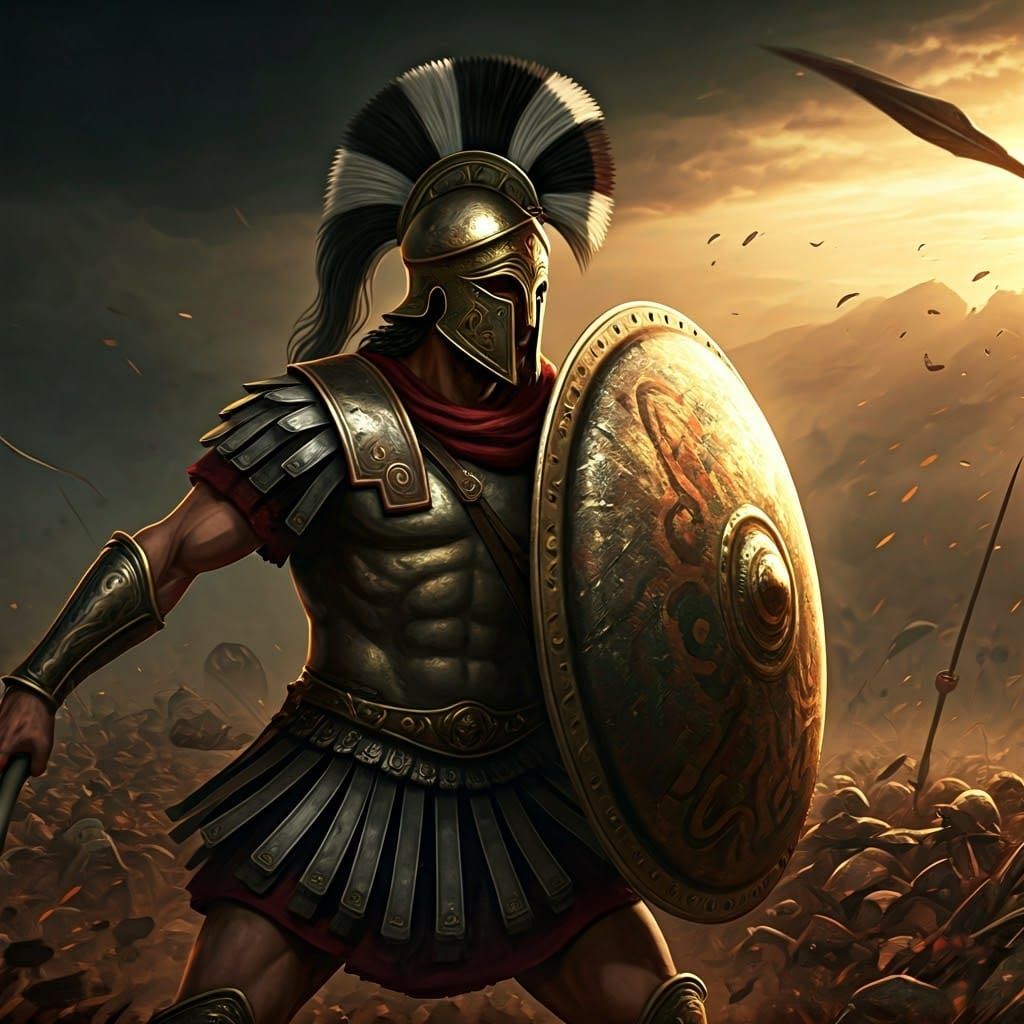 Greek Warrior in Black and White Stripes Battles at Sunset