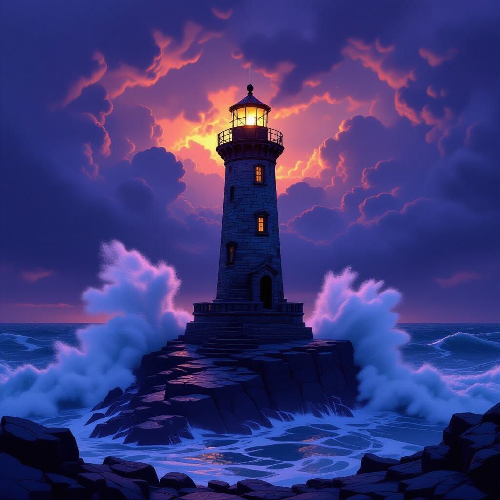 Lighthouse Beacon in Stormy Dark Fantasy Style