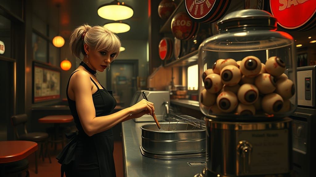 Gothic Waitress Stirring Bat Soup in Surreal Cafe