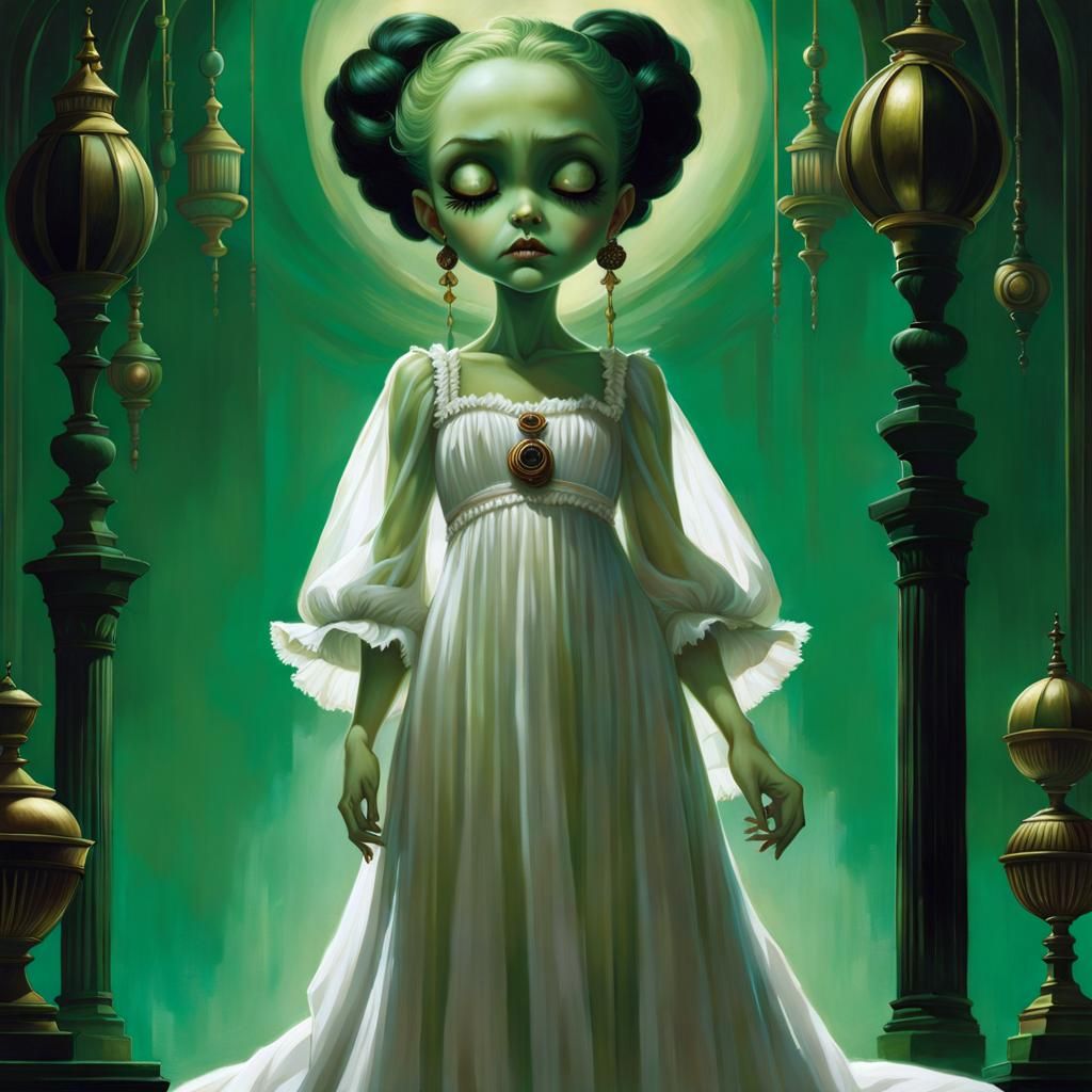 Creepy Green Girl in Gothic Horror Style