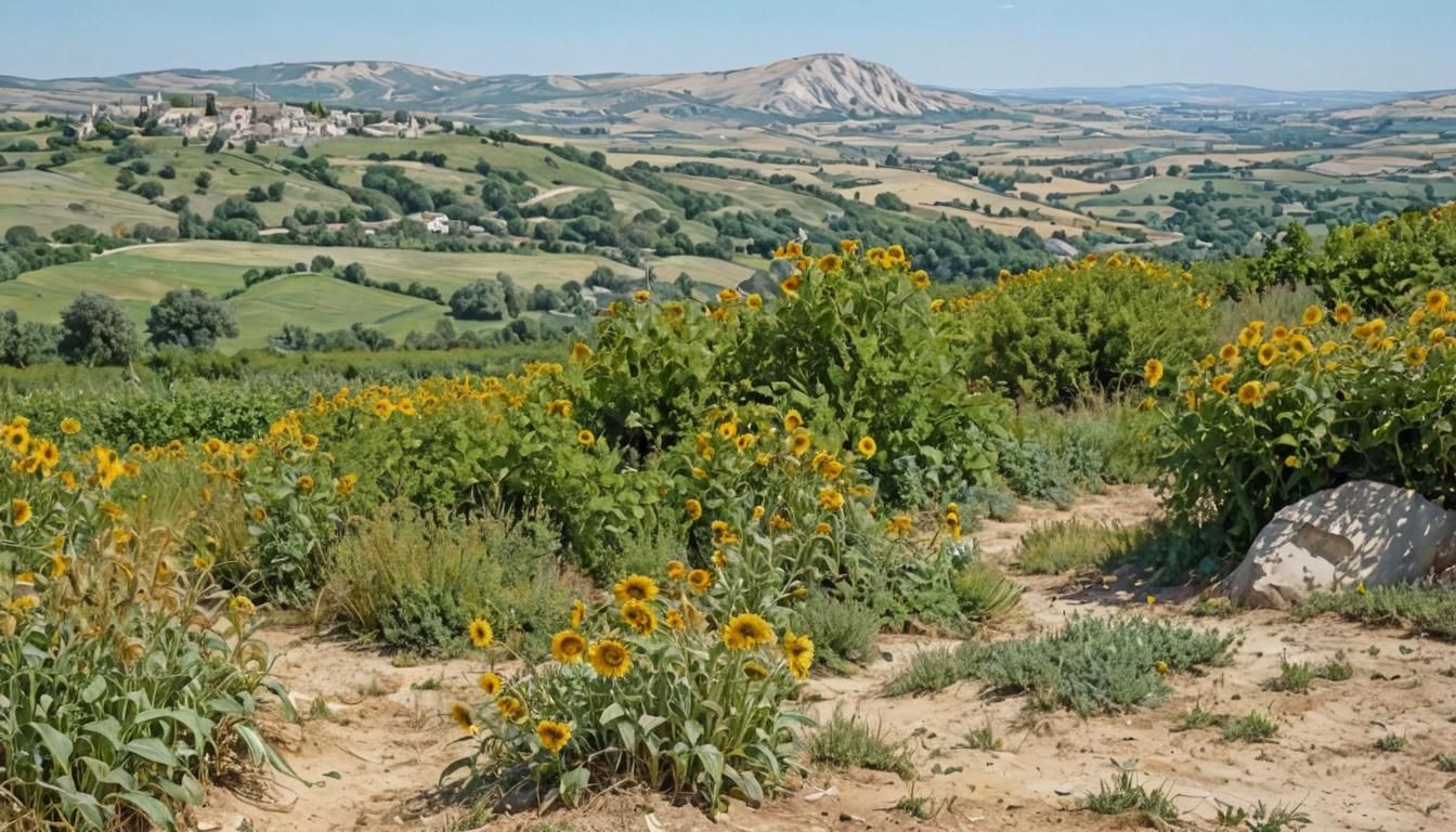 Idyllic Summer Scrubland Painting in Whimsical Style