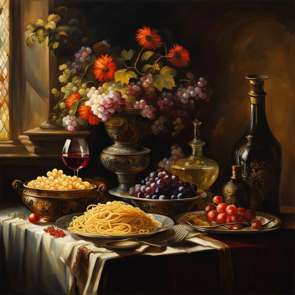 Rembrandt Style Still Life with Pasta and Wine
