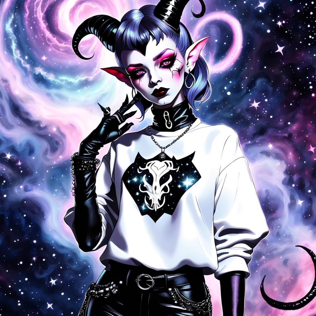 Gothic Tiefling Rouge with Starlight Horns in Space