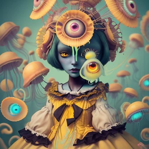 Surreal Doll with Yellow Eyes in Pop Surrealism Style