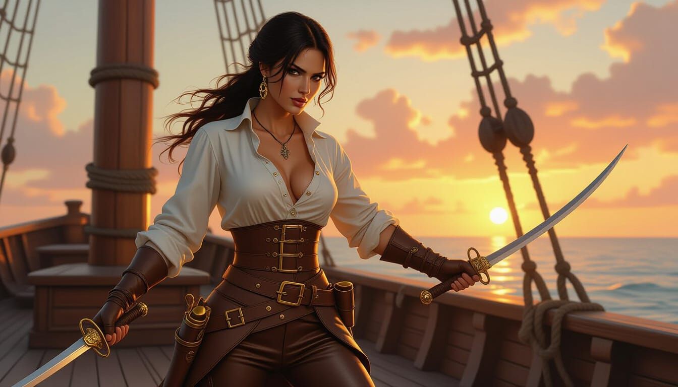 Pirate Woman with Rapier on Ship Deck