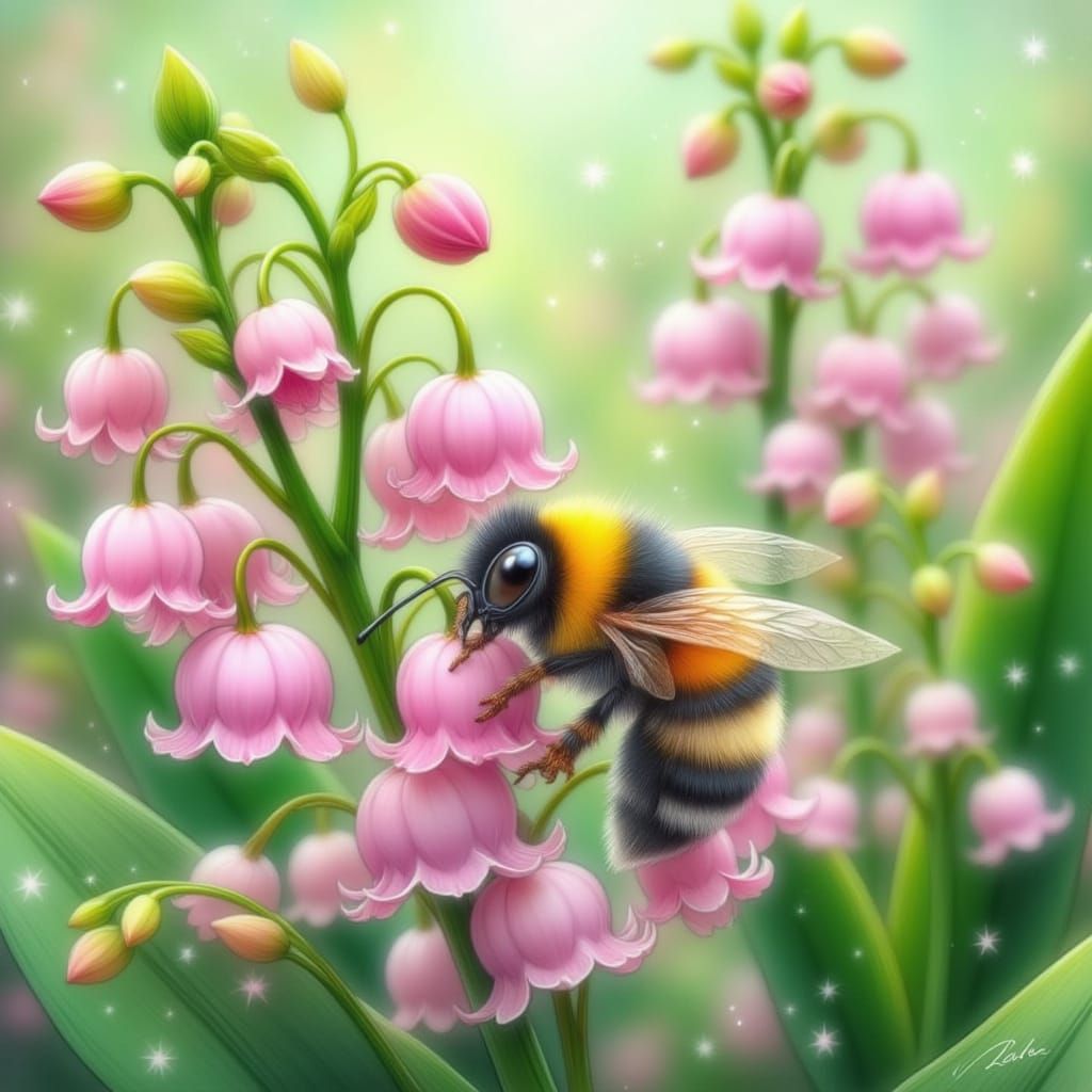 Cute Bee on Pink Lily of the Valley Flower