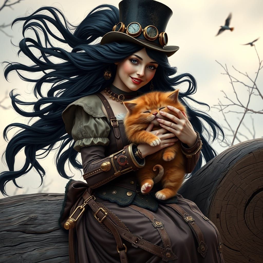 Steampunk Woman with Kitten, Victorian Style