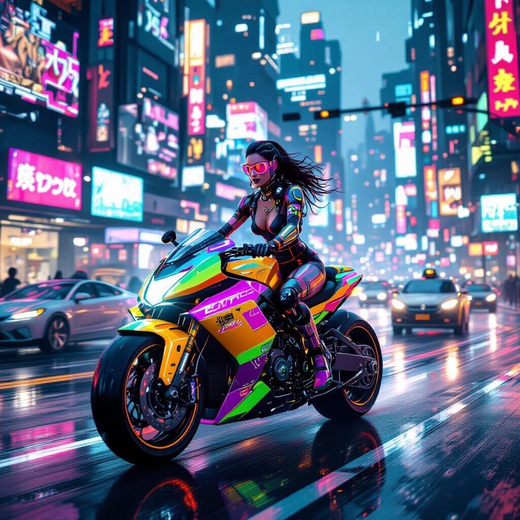 Radiant Cyberpunk Woman Rides Neon Hover-Cycle
