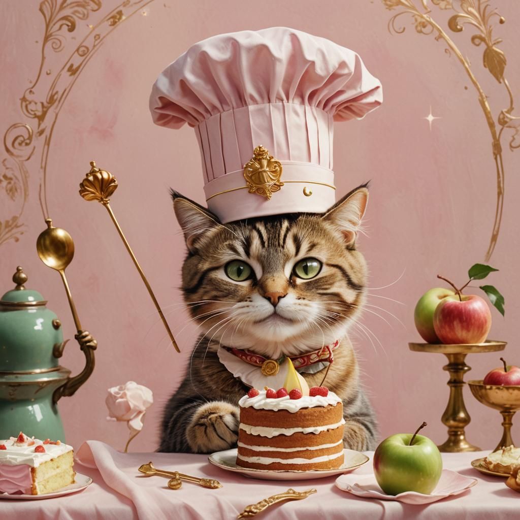 Smiling Chef Cat with Magic Wand and Cake