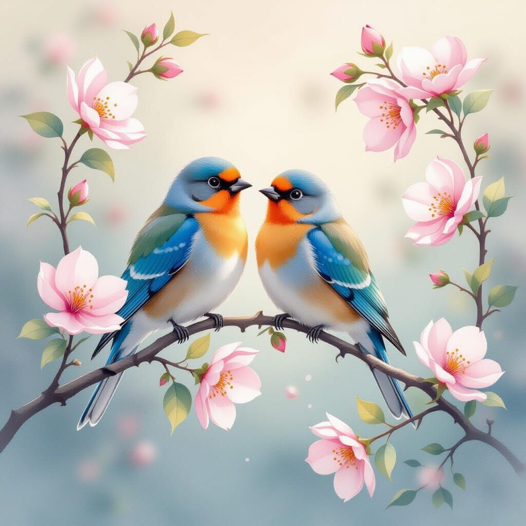 Ethereal Lovebirds on Flowering Branch, Romantic Watercolor