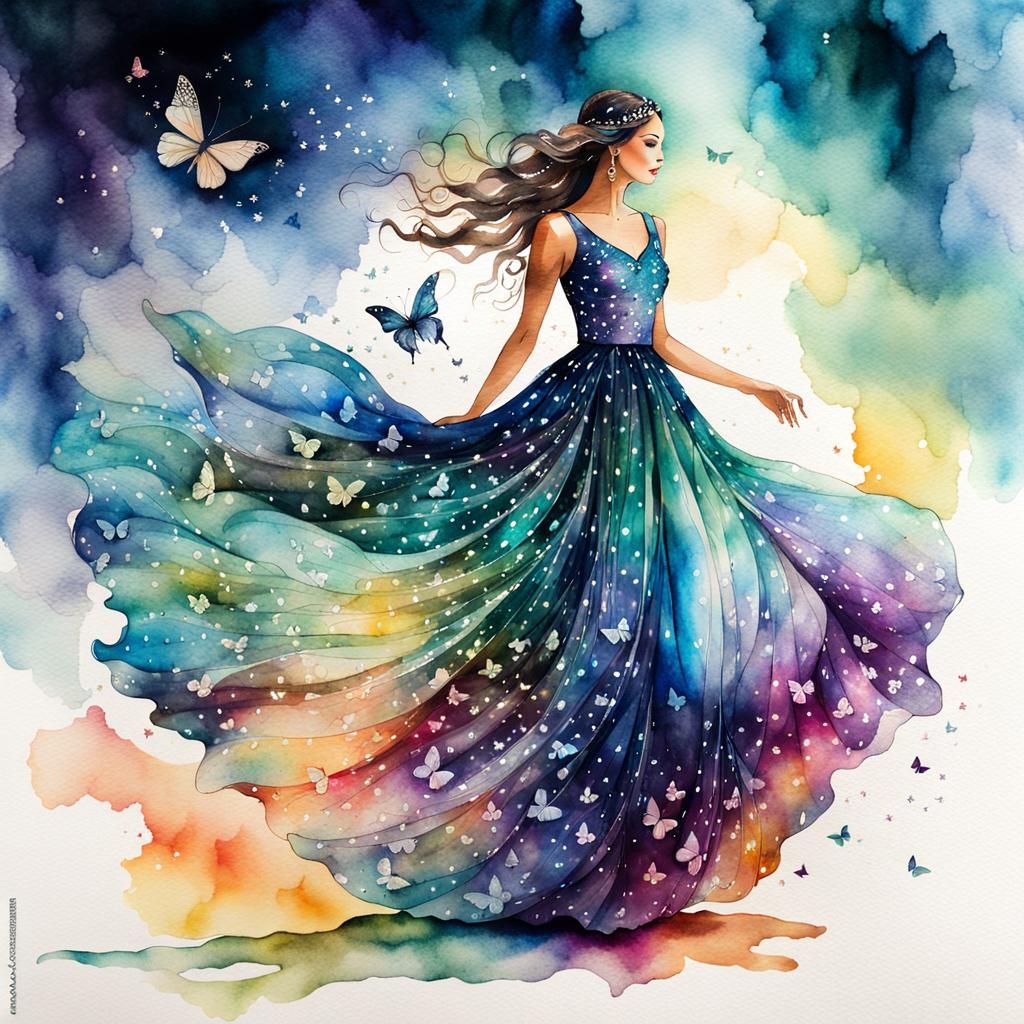 Enchanting Woman Dancing in Iridescent Ball Dress