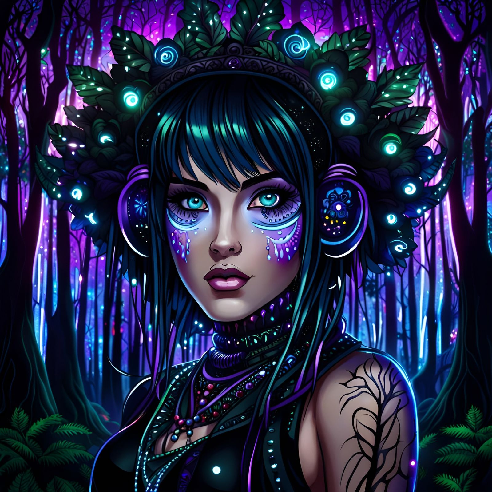 Raver Goth in Forest, Anime Manga Style
