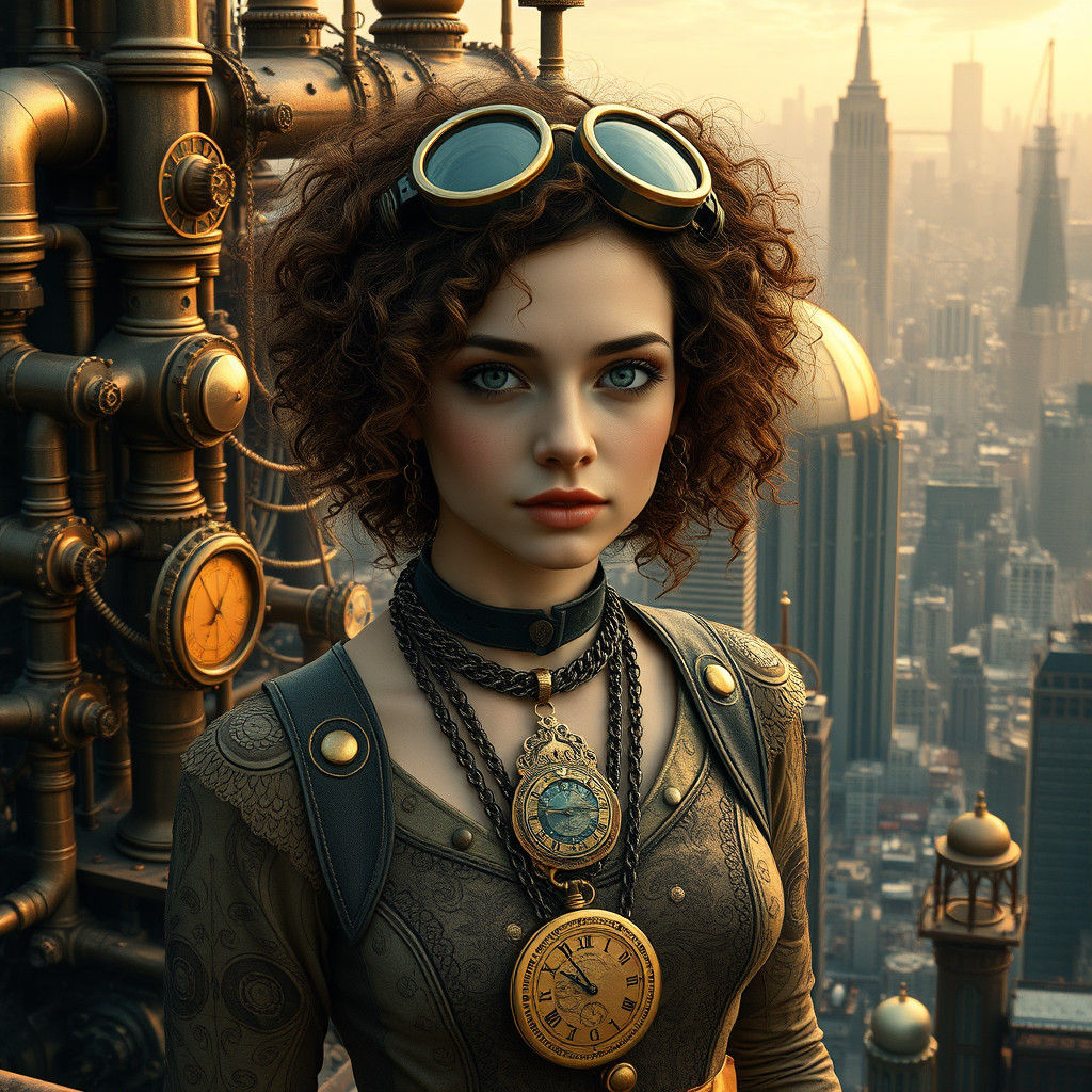 Steampunk Woman in Metropolis with Clockwork Details