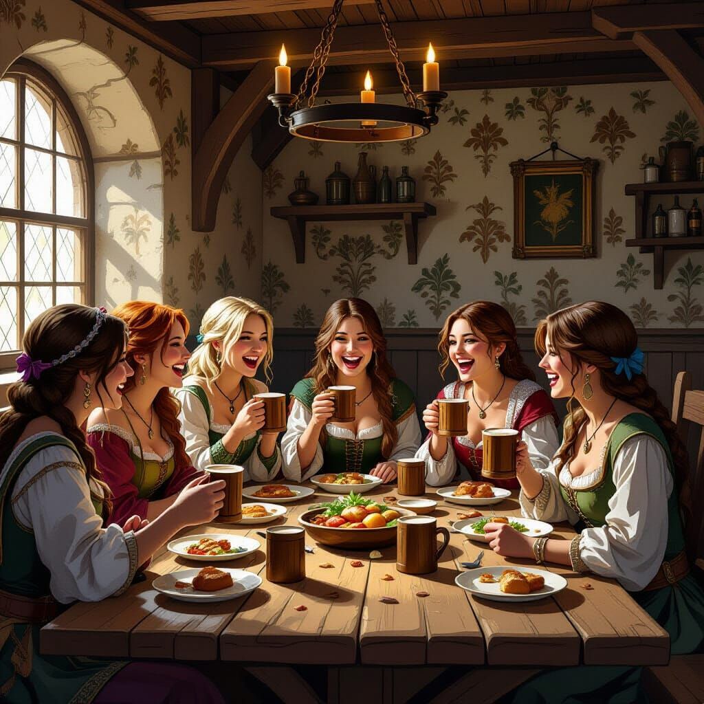 Medieval Tavern Gathering: Women Laughing and Dining
