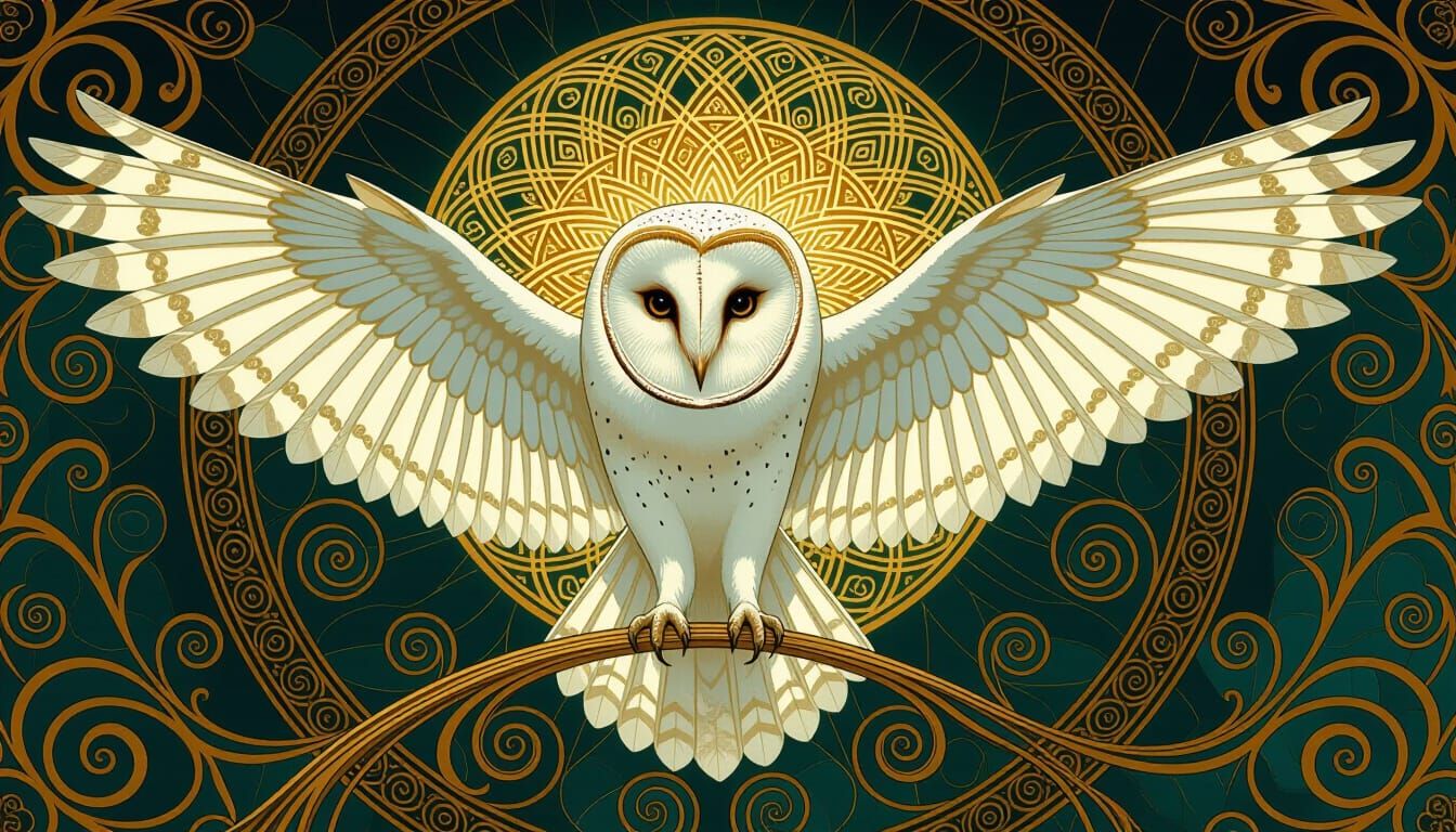 Elegant White Barn Owl with Celtic Mandala