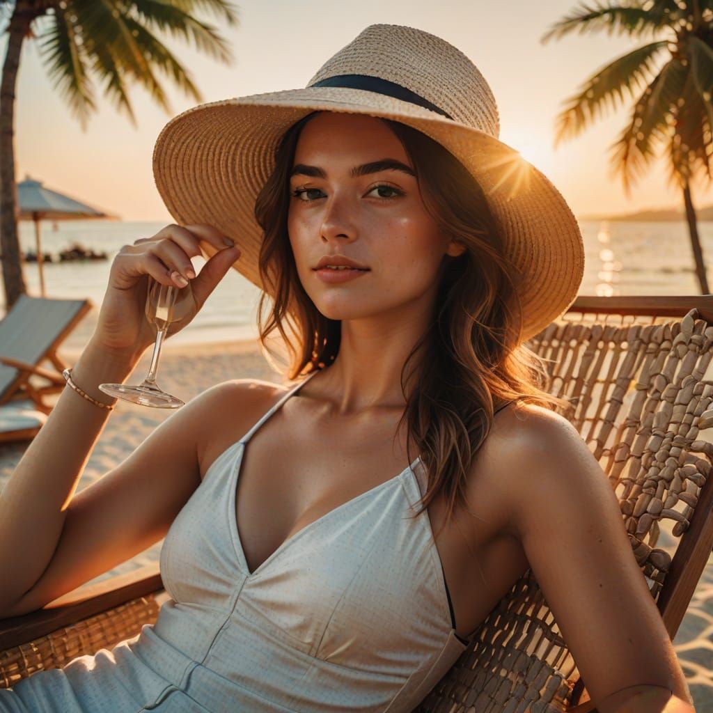 Young Woman Relaxes on Beach in Photorealistic Style