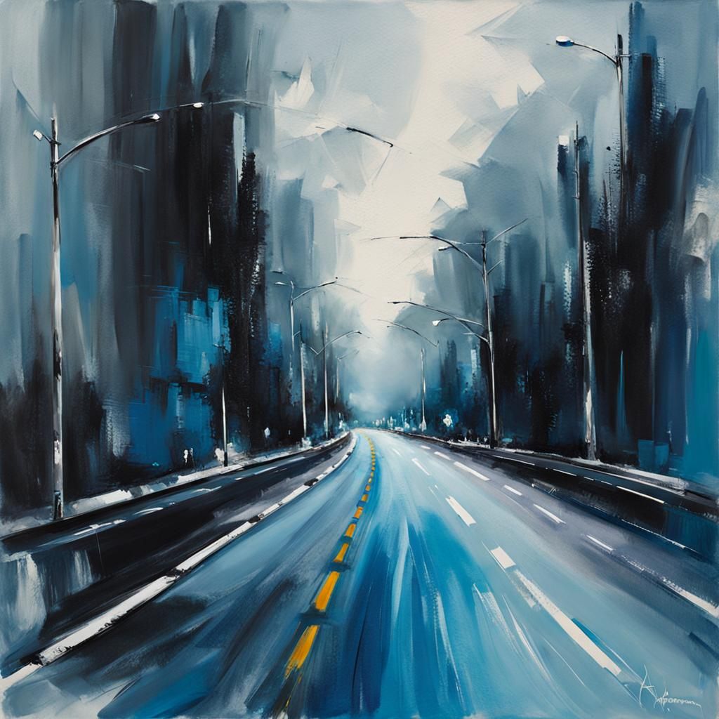 Blue Highway Car Window View in Oil