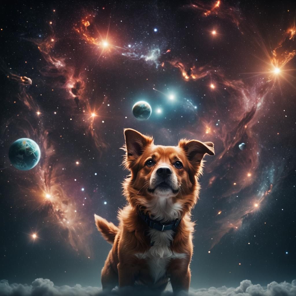 Dog Floating in Space: A Cinematic Film Still