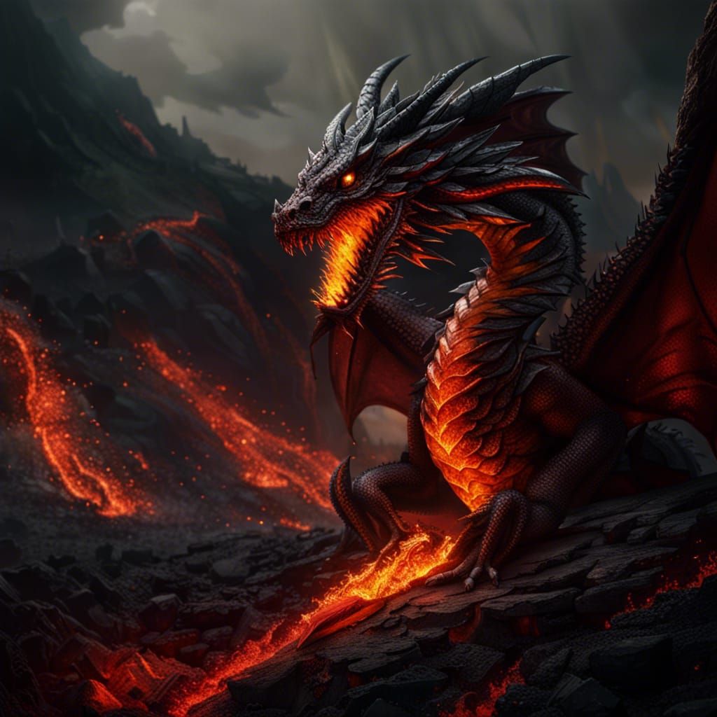Black Scaled Fire Dragon Emerges From Volcano