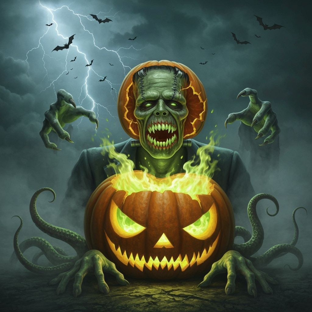 Monstrous Pumpkin Splits Open Revealing Frankenstein in Goth...