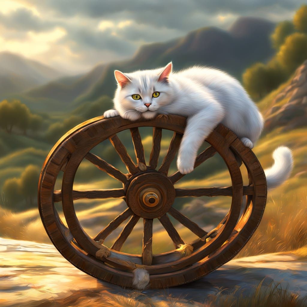 Cat Rolls Downhill on Wooden Wheel in Fantasy Style