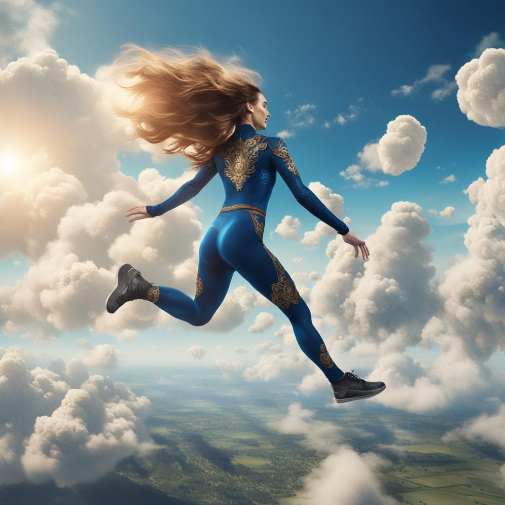 Woman Jumps Through Clouds: Fantasy Concept Art
