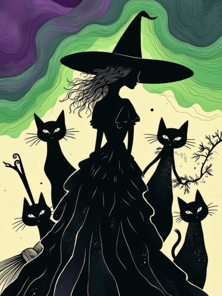 Halloween Witch Illustration in Surreal Zentangle Style