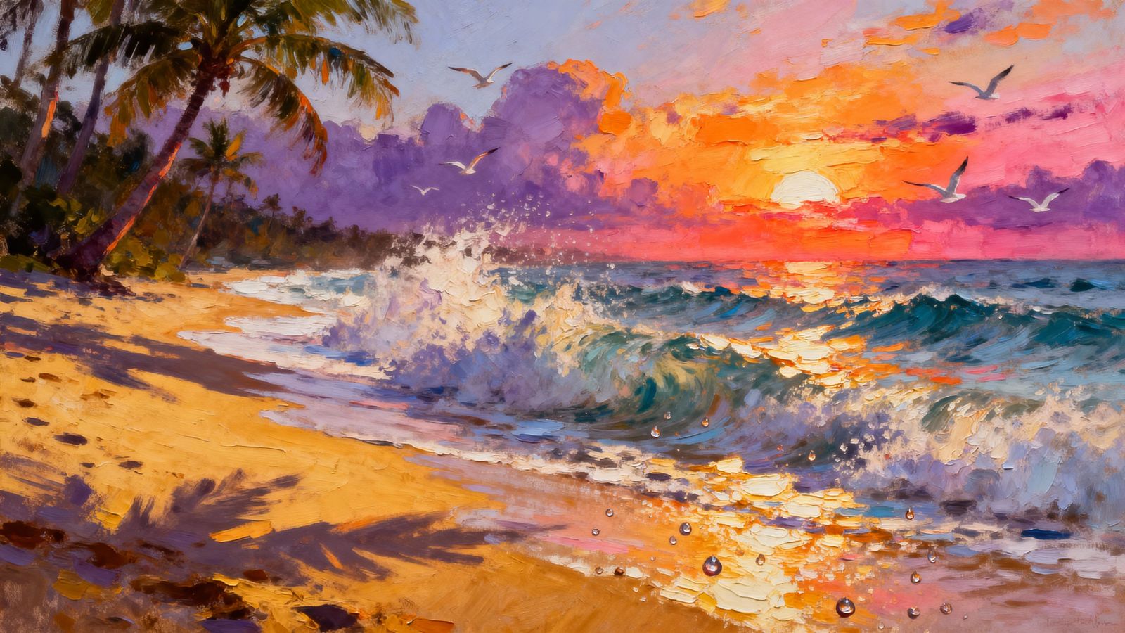 Vivid Beach Scene Oil Painting with Dynamic Lighting