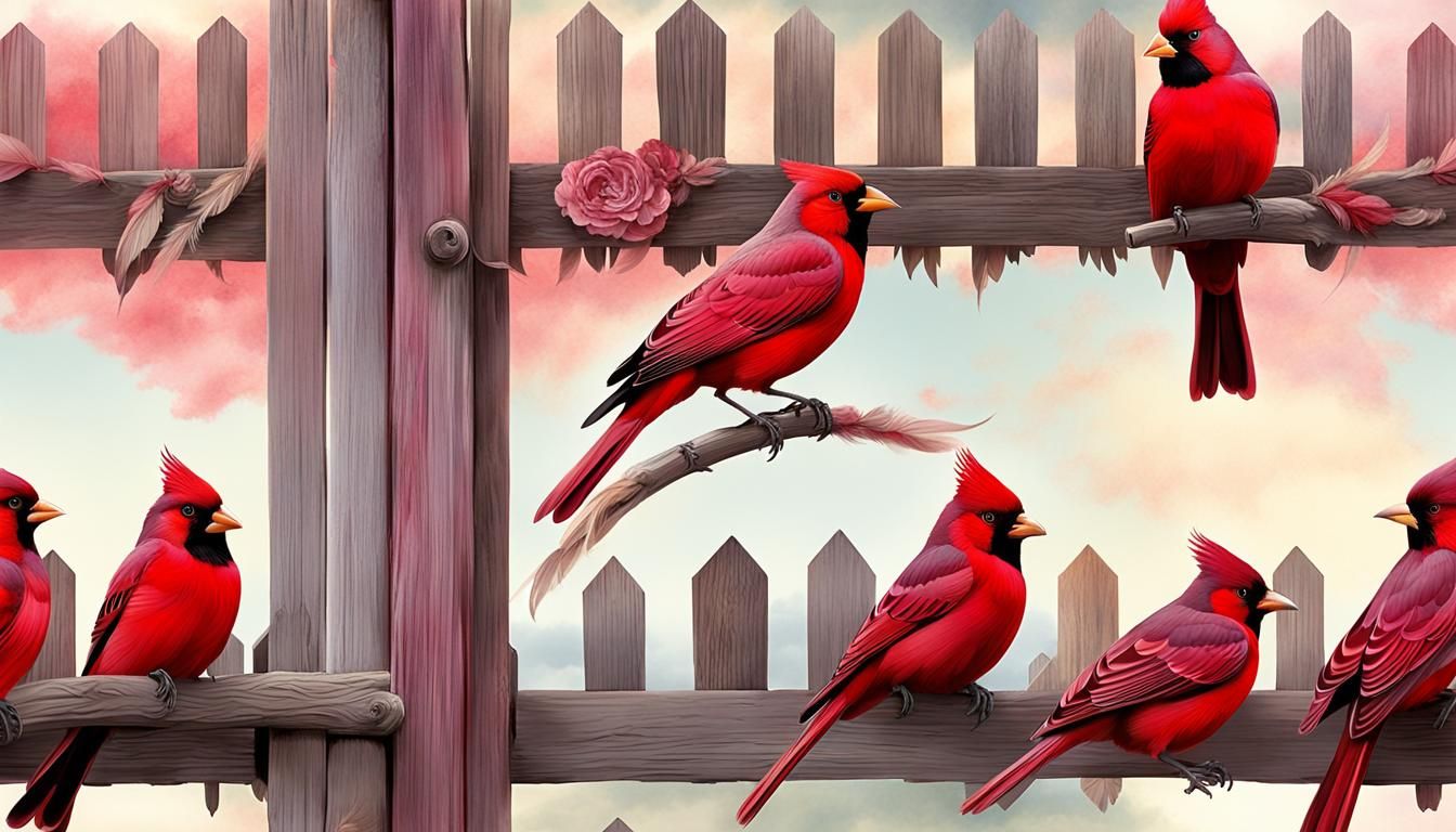 Redbirds on Weathered Fence in Romantic Watercolor Style