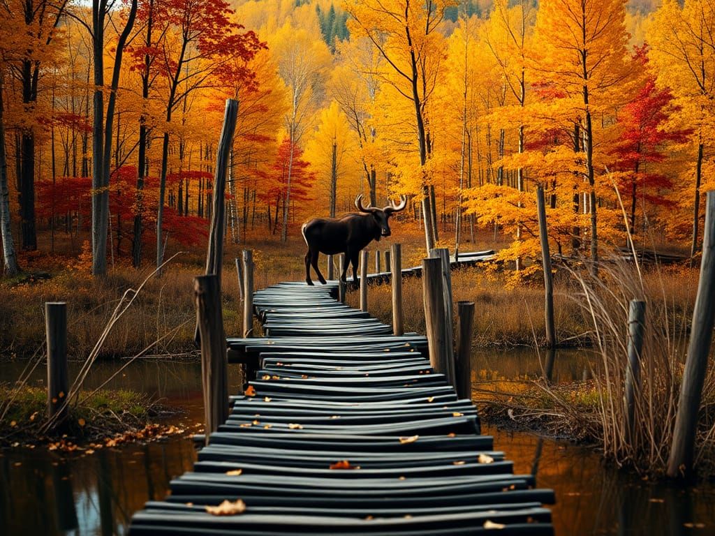 Moose on Autumn Boardwalk: Hyperrealistic Cinematic Style