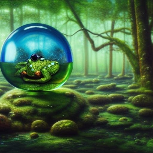 Surreal Frog in Glass Sphere, Detailed Matte Painting