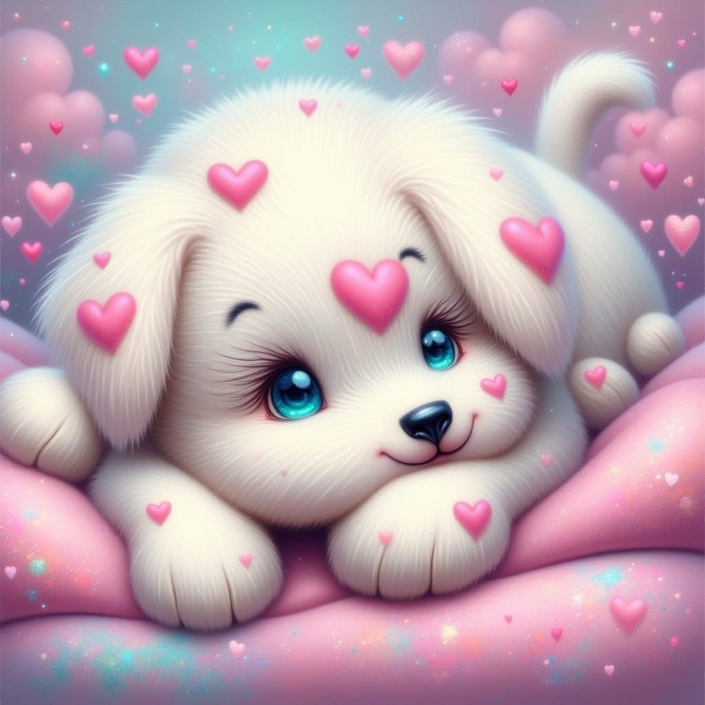 Magical Puppy with Pink Hearts as Oil Painting