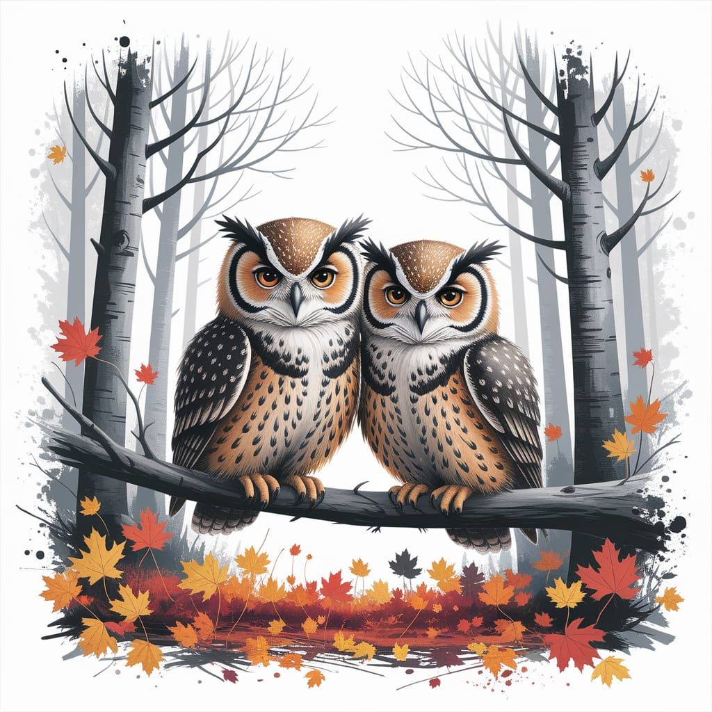 Adorable Owlets in Autumn Forest, Watercolour Style