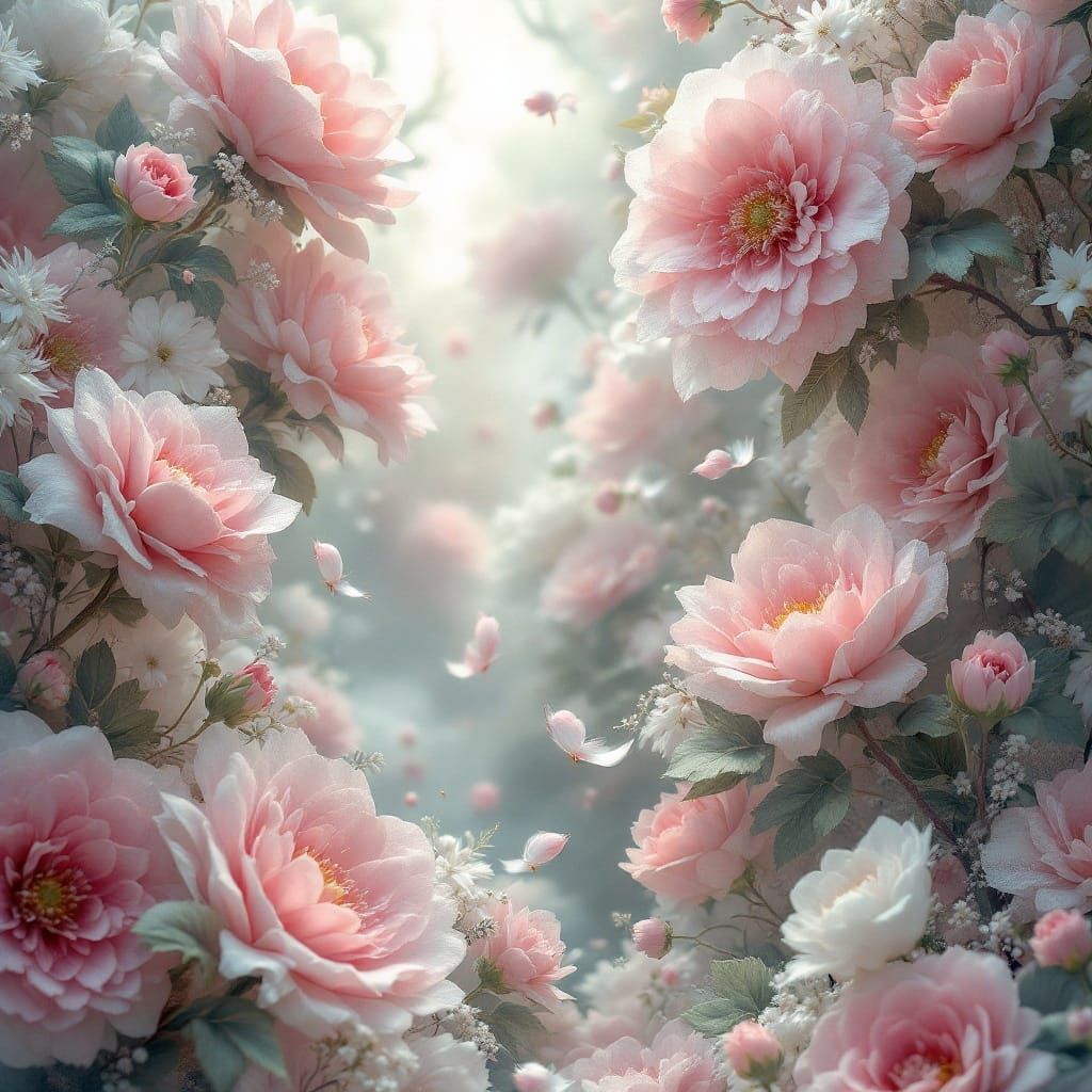 Dreamlike 3D Garden Blooms in Soft Pastel Hues