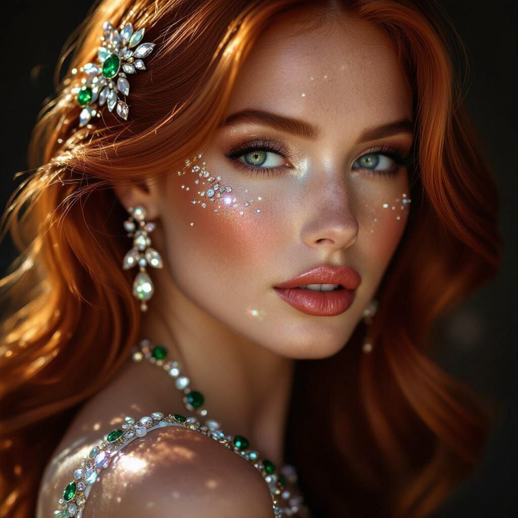 Redhead Woman Adorned with Sparkling Gems in Dramatic Light
