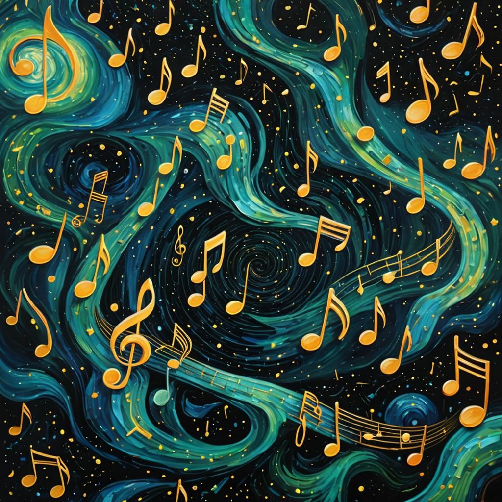 Musical Notes Orbiting Earth in Space as Oil Painting