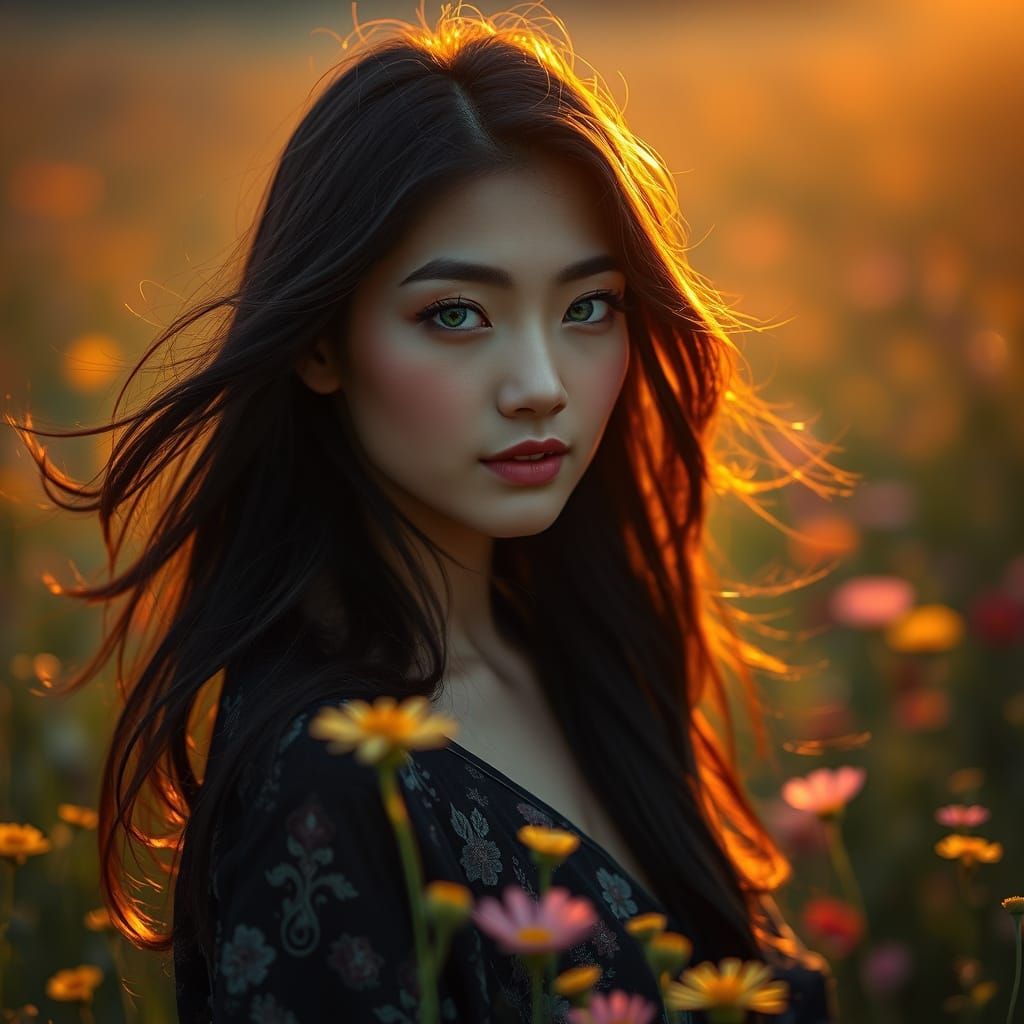 Japanese Woman in Golden Hour Wildflower Field