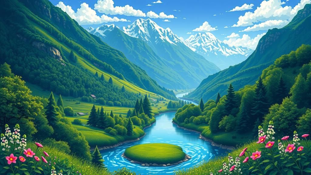 Pixel Art River Flowing Through Lush Valley