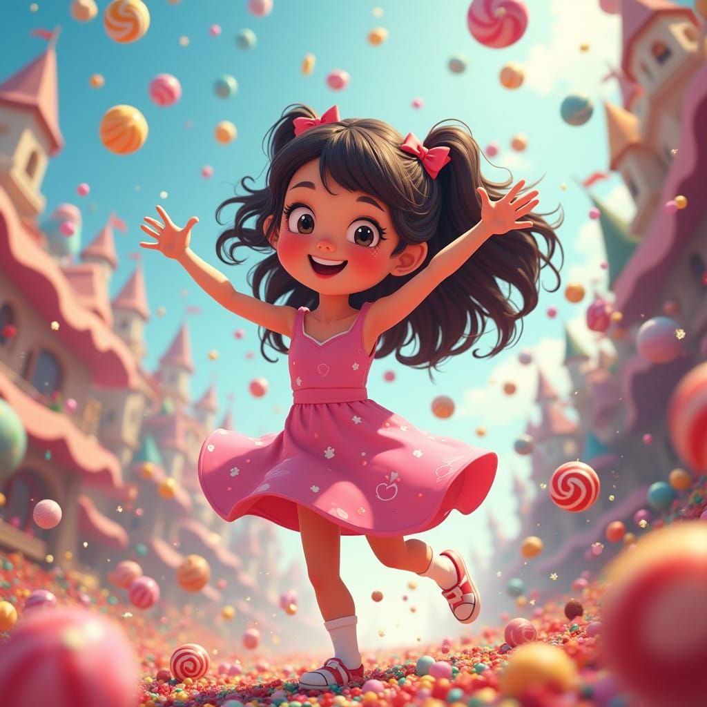 Joyful Girl Dances with Confetti of Sweets in Whimsical Cand...