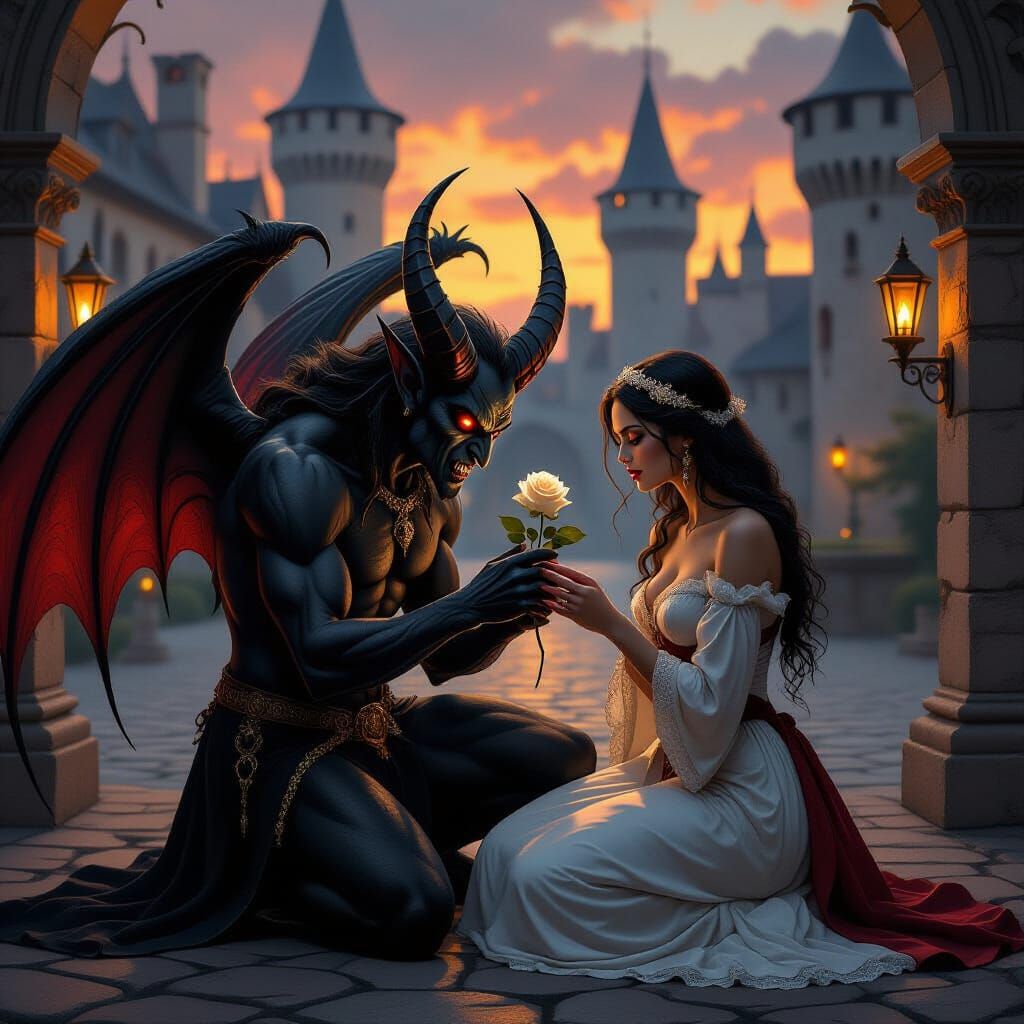 Gothic Demon's Tender Courtship: A Romantic Oil Painting