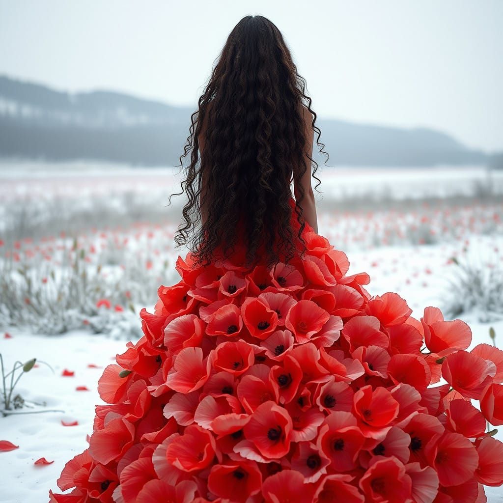 Ethereal Winter Goddess in Poppy Petal Gown with Long Hair